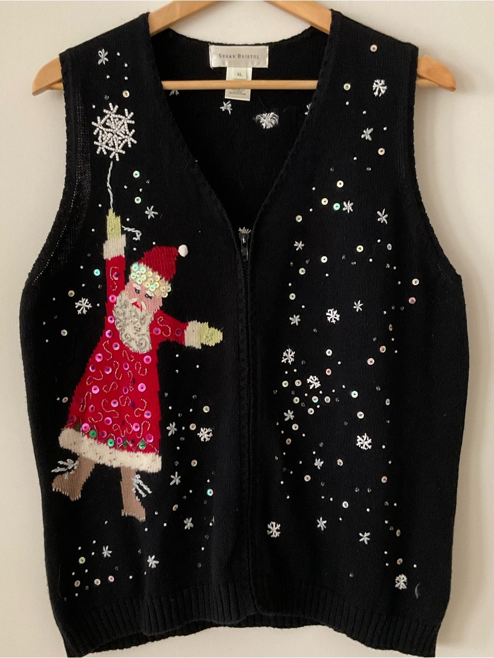 Vintage Santa Embroidered Beaded Christmas Vest Sweater Snow Stars Susan Bristol